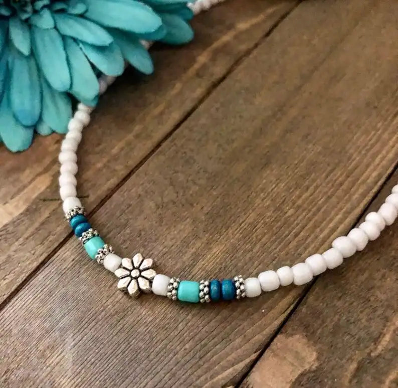 Boho White Beaded Choker Necklace | Beach Hippie Festival Jewellery - The Little Market Shop