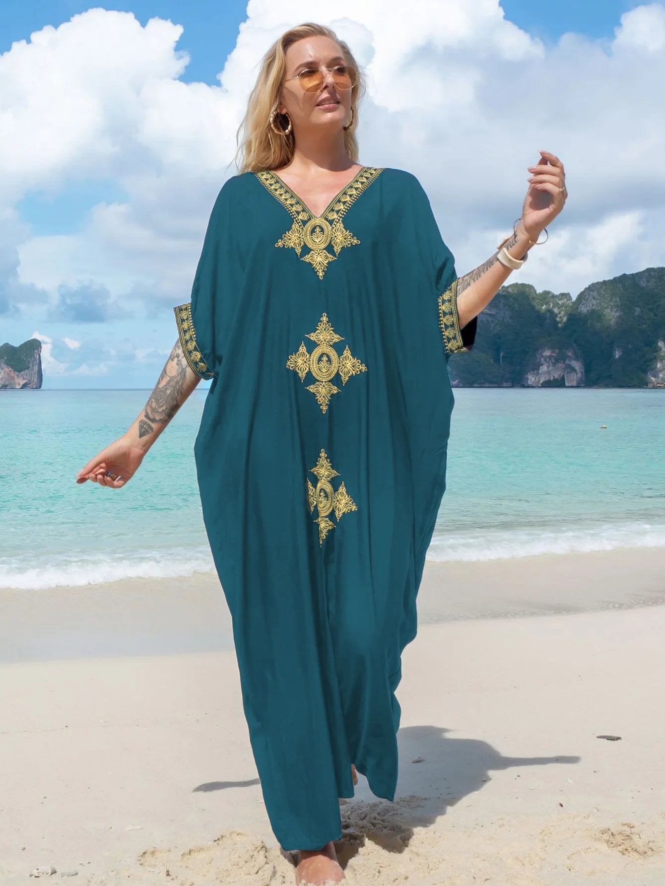 Elegant Gold Embroidered Kaftan - Retro V-Neck White Dress - The Little Market Shop