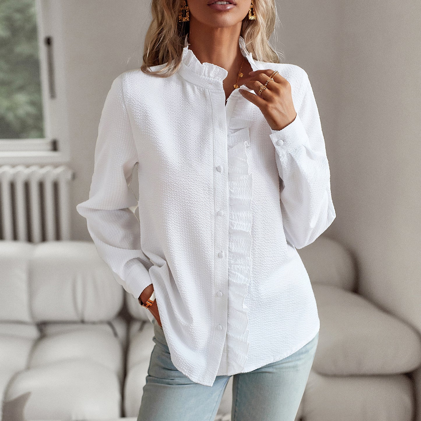 Striped Ruffle Blouse Office Casual Wear Long Sleeve Button-Up Shirt - The Little Market Shop