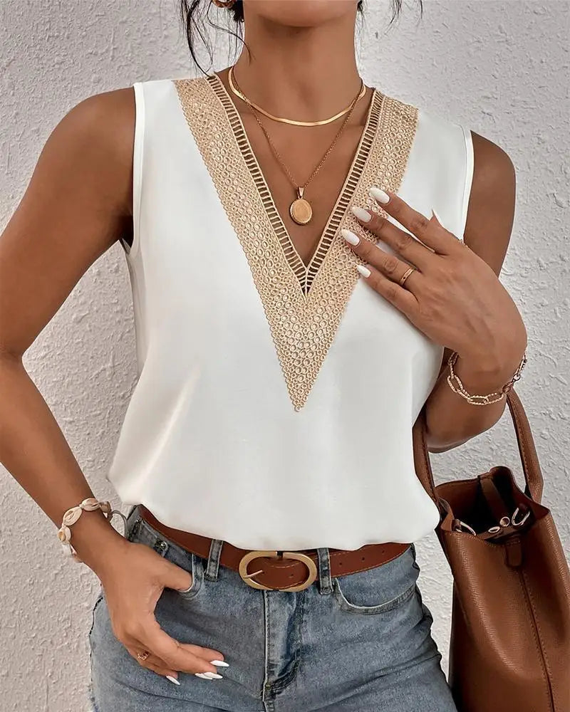 Chic Sleeveless V-neck Lace Patchwork Blouse Summer Tank Top - The Little Market Shop