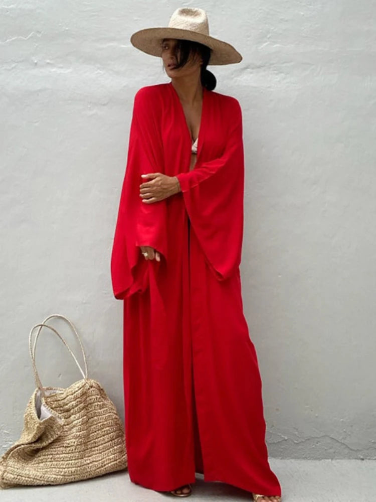 Solid Beach Cover Up Kimono Dress – 2025 Women’s Self-Belted Summer Robe - The Little Market Shop
