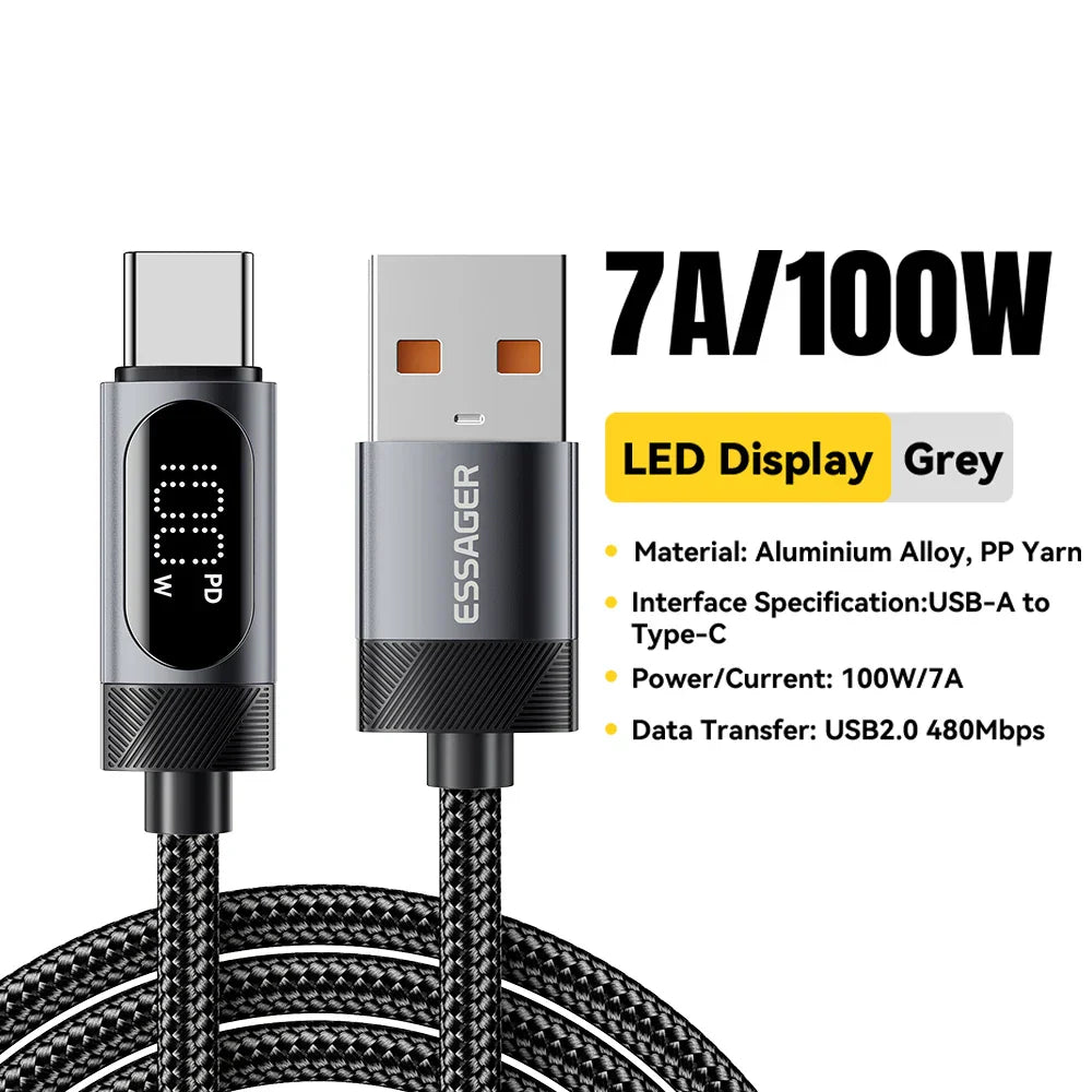 100W USB C Fast Charging Cable with Digital Display PD Cord Essager - The Little Market Shop