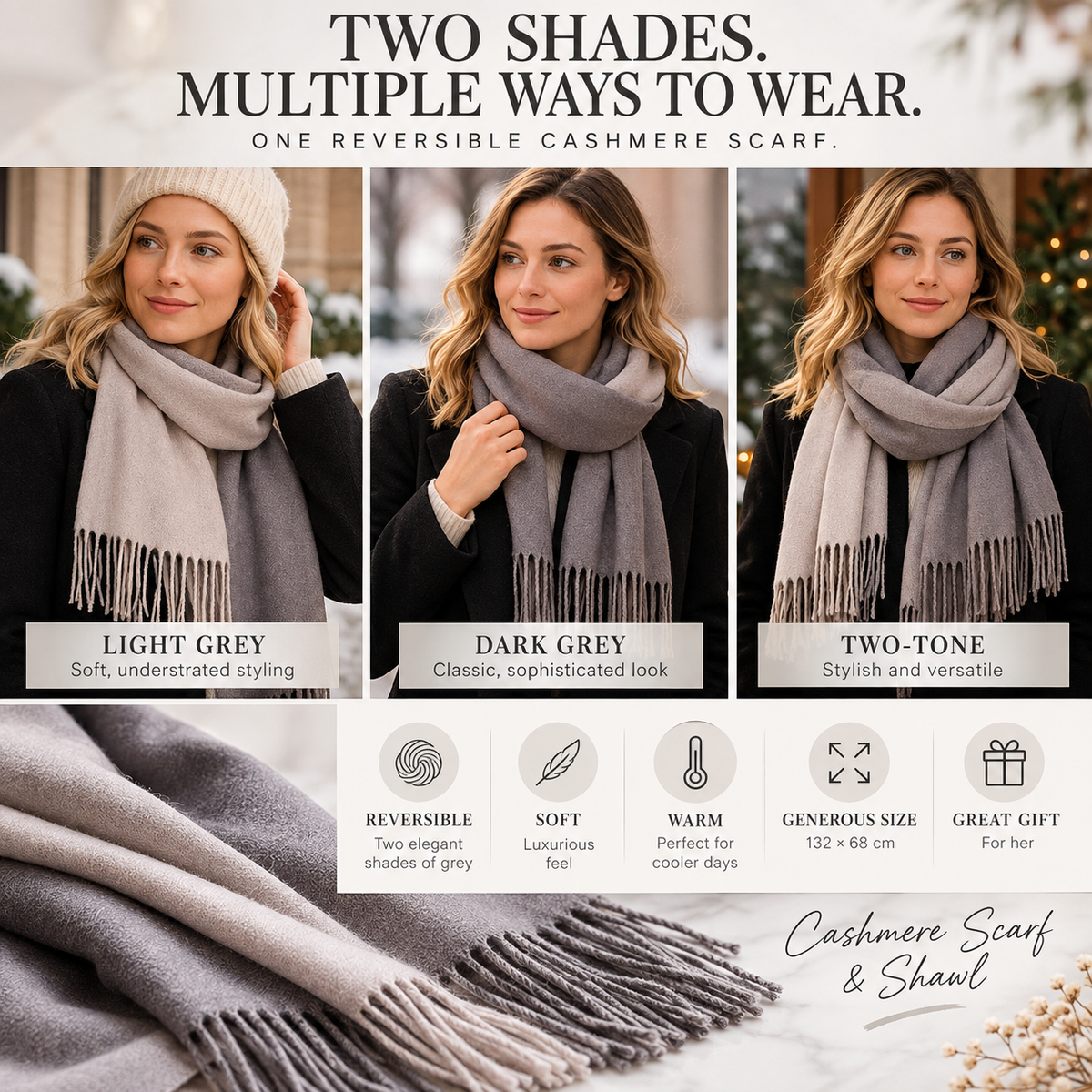 Two-tone grey reversible cashmere scarf styling guide showing light grey, dark grey and two-tone ways to wear