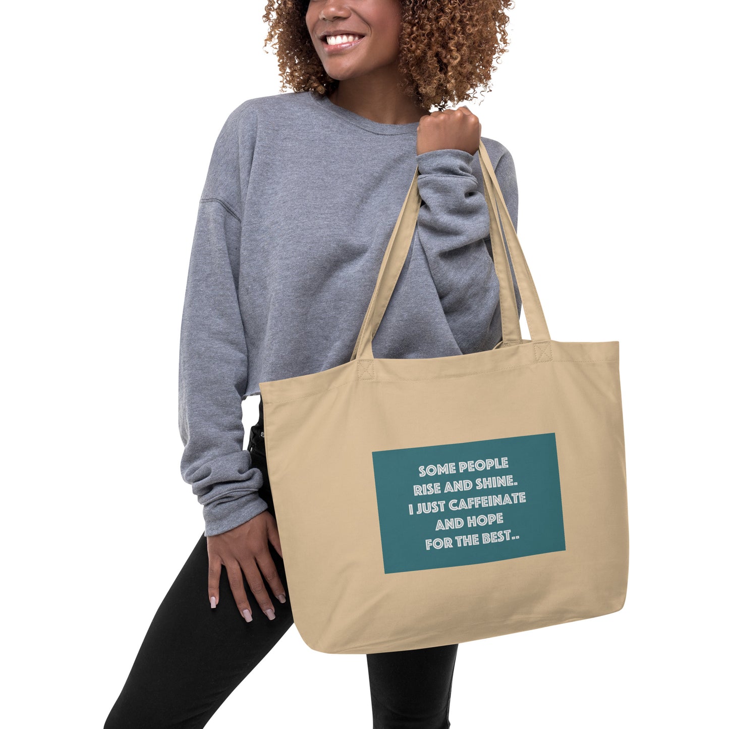 Rise and Shine Coffee Inspired design Large organic tote bag Elevate Your Style with Caffeine Chic - The Little Market Shop