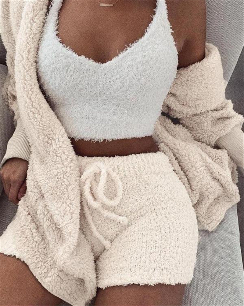 3-Piece Women’s Pajama Set – Long Sleeve Crop Top, Tank & Shorts Lounge Wear - The Little Market Shop