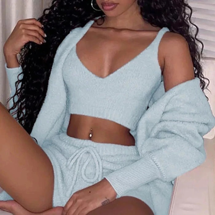 3-Piece Women’s Pajama Set – Long Sleeve Crop Top, Tank & Shorts Lounge Wear - The Little Market Shop