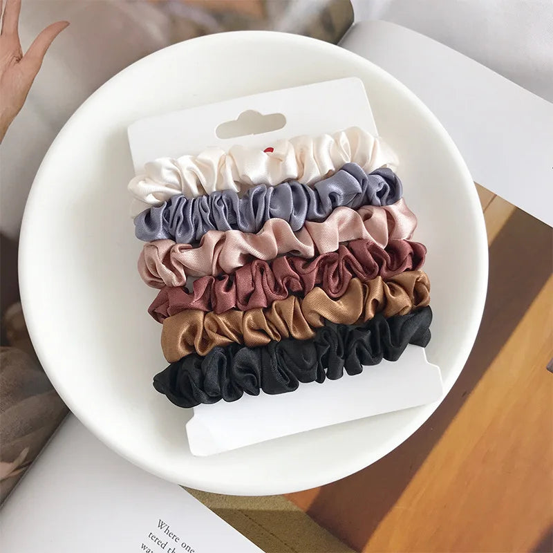 6 Pcs Elegant Silk Hair Scrunchies – Minimalist Elastic Ponytail Ties - The Little Market Shop