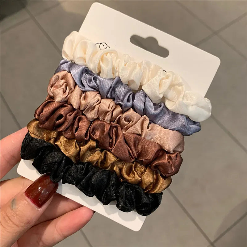 6 Pcs Elegant Silk Hair Scrunchies – Minimalist Elastic Ponytail Ties - The Little Market Shop