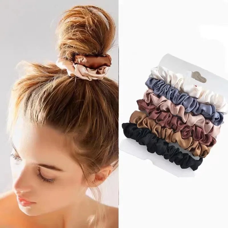 6 Pcs Elegant Silk Hair Scrunchies – Minimalist Elastic Ponytail Ties - The Little Market Shop