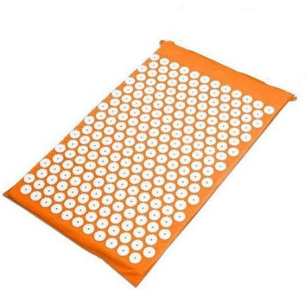 Acupressure mat with orange border and white beads on a white background