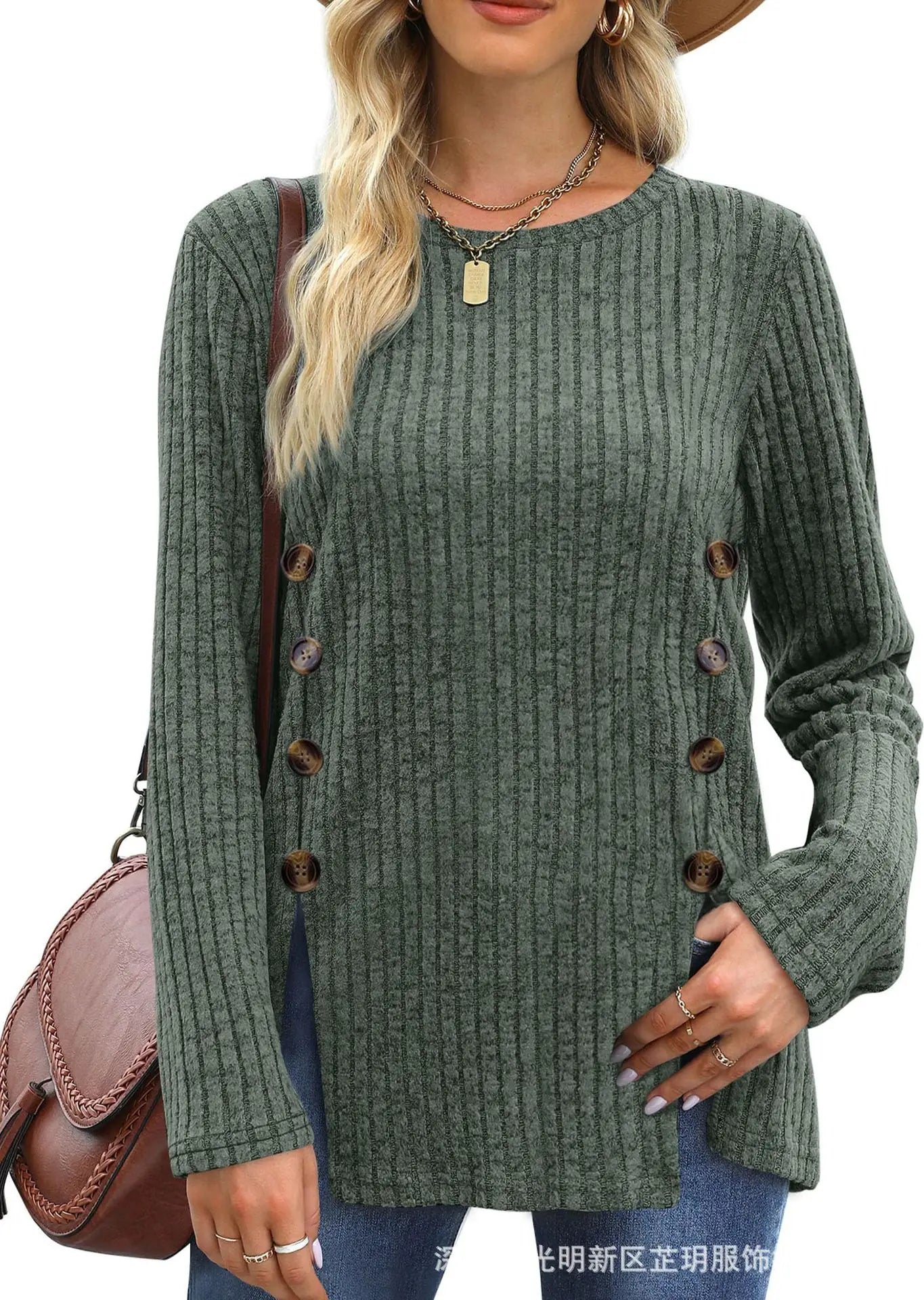 Women’s Autumn Winter Loose Button T-Shirt Casual Soft Long Sleeve Top - The Little Market Shop