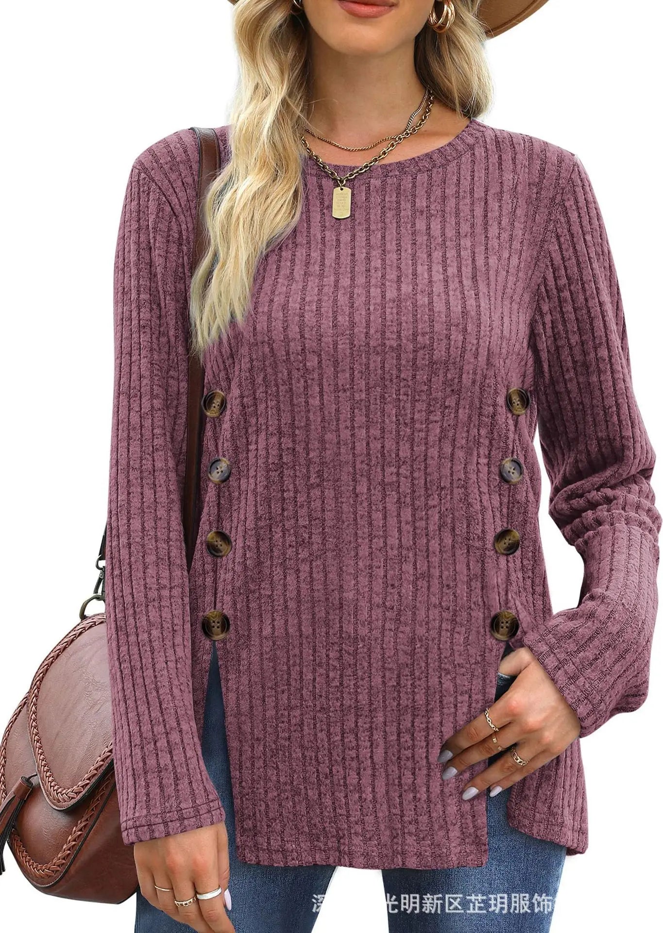 Women’s Autumn Winter Loose Button T-Shirt Casual Soft Long Sleeve Top - The Little Market Shop