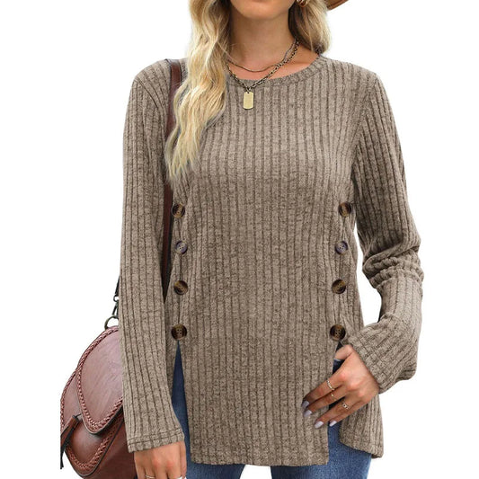 Women’s Autumn Winter Loose Button T-Shirt Casual Soft Long Sleeve Top - The Little Market Shop