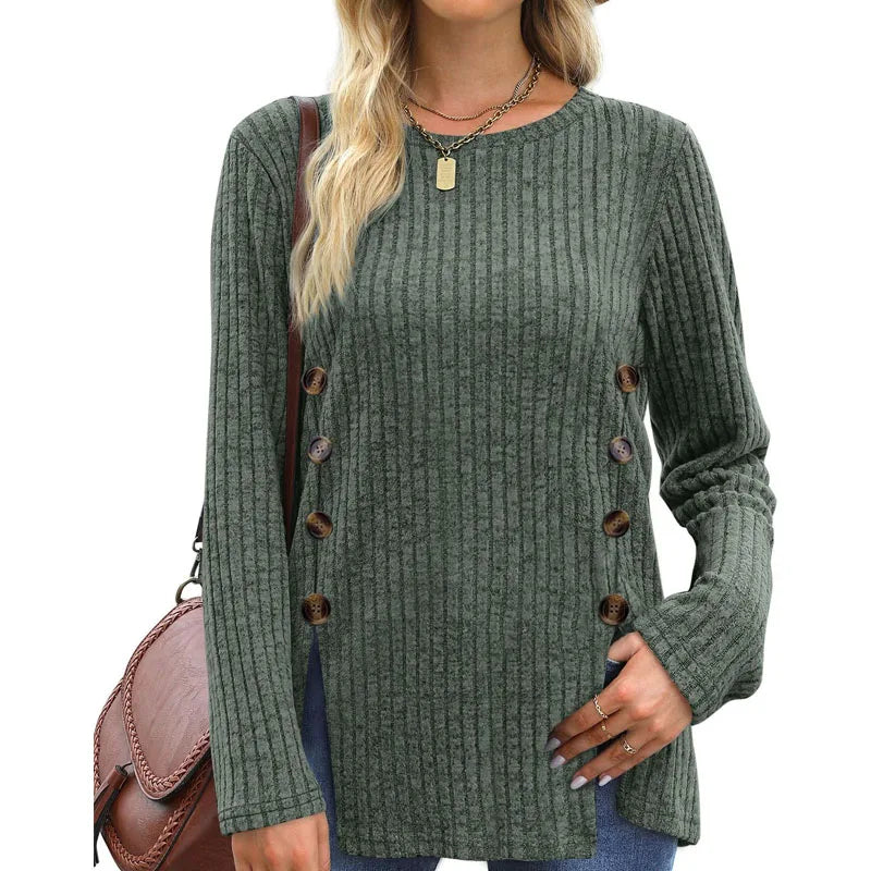 Women’s Autumn Winter Loose Button T-Shirt Casual Soft Long Sleeve Top - The Little Market Shop