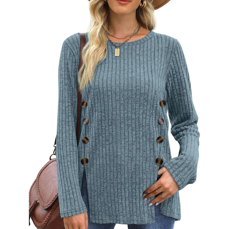 Women’s Autumn Winter Loose Button T-Shirt Casual Soft Long Sleeve Top - The Little Market Shop