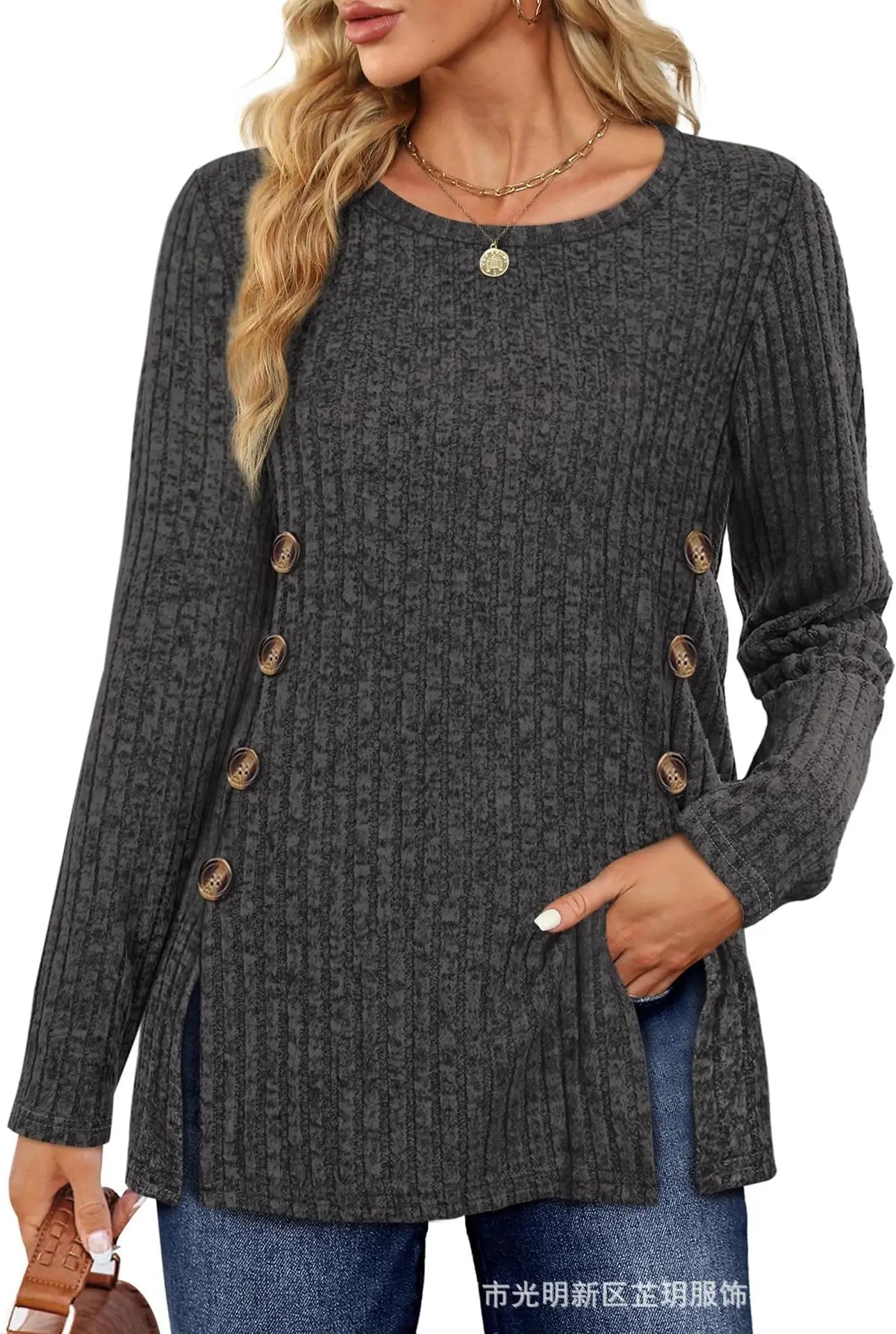 Women’s Autumn Winter Loose Button T-Shirt Casual Soft Long Sleeve Top - The Little Market Shop