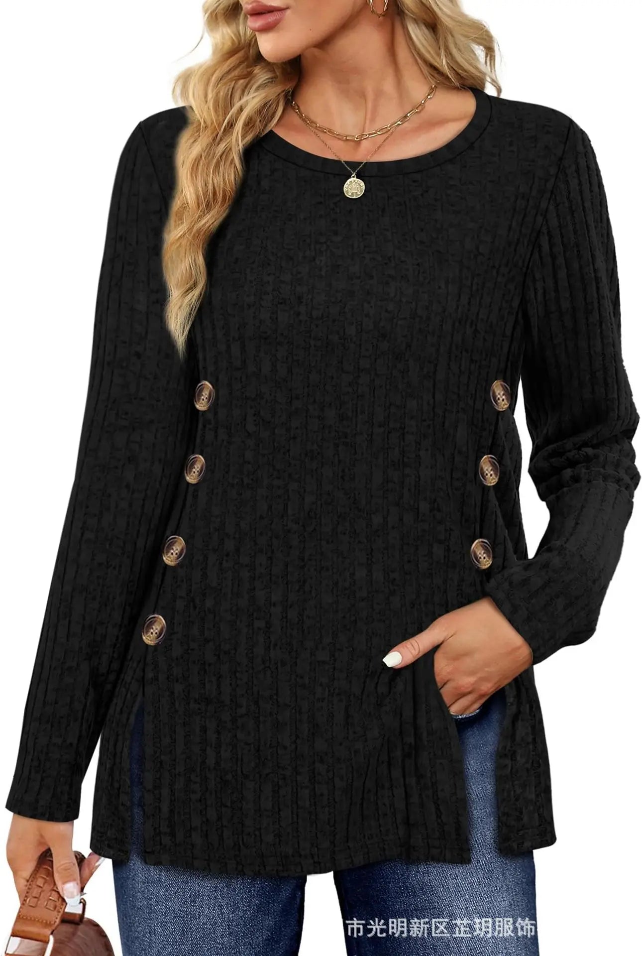 Women’s Autumn Winter Loose Button T-Shirt Casual Soft Long Sleeve Top - The Little Market Shop