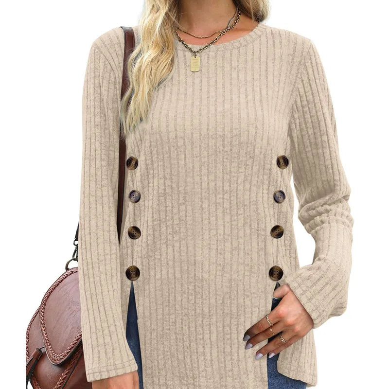 Women’s Autumn Winter Loose Button T-Shirt Casual Soft Long Sleeve Top - The Little Market Shop
