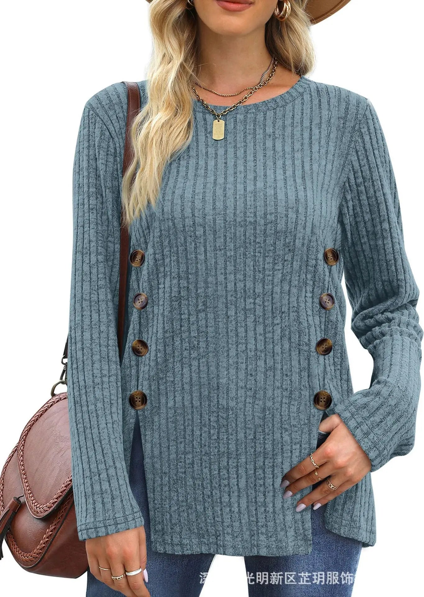 Women’s Autumn Winter Loose Button T-Shirt Casual Soft Long Sleeve Top - The Little Market Shop