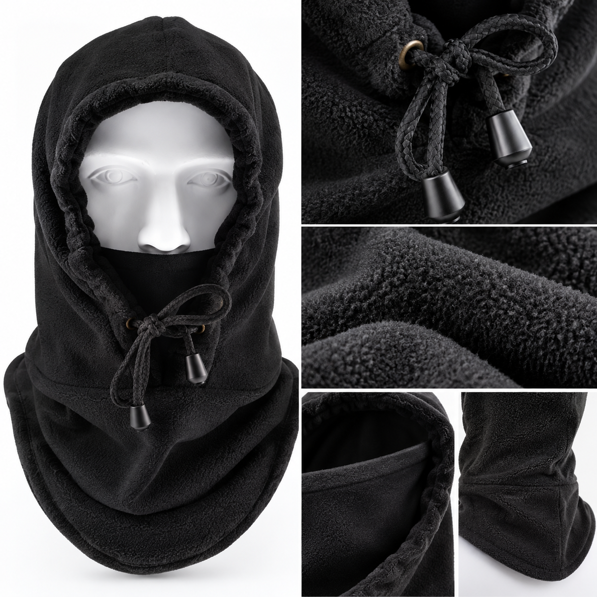 Illustration of black fleece balaclava with close-up views of drawstrings, fabric texture and neck section