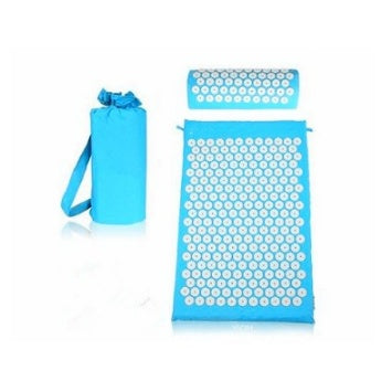 Blue acupressure mat and bottle holder on a white background