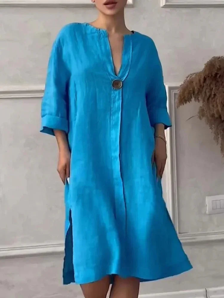 Elegant Women’s V-Neck Summer Dress – Cotton Hemp Long Sleeve Mid-Length - The Little Market Shop