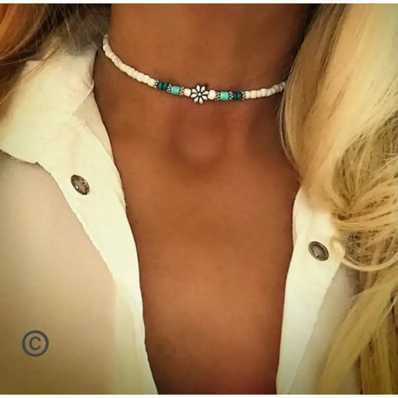 Boho White Beaded Choker Necklace | Beach Hippie Festival Jewellery - The Little Market Shop