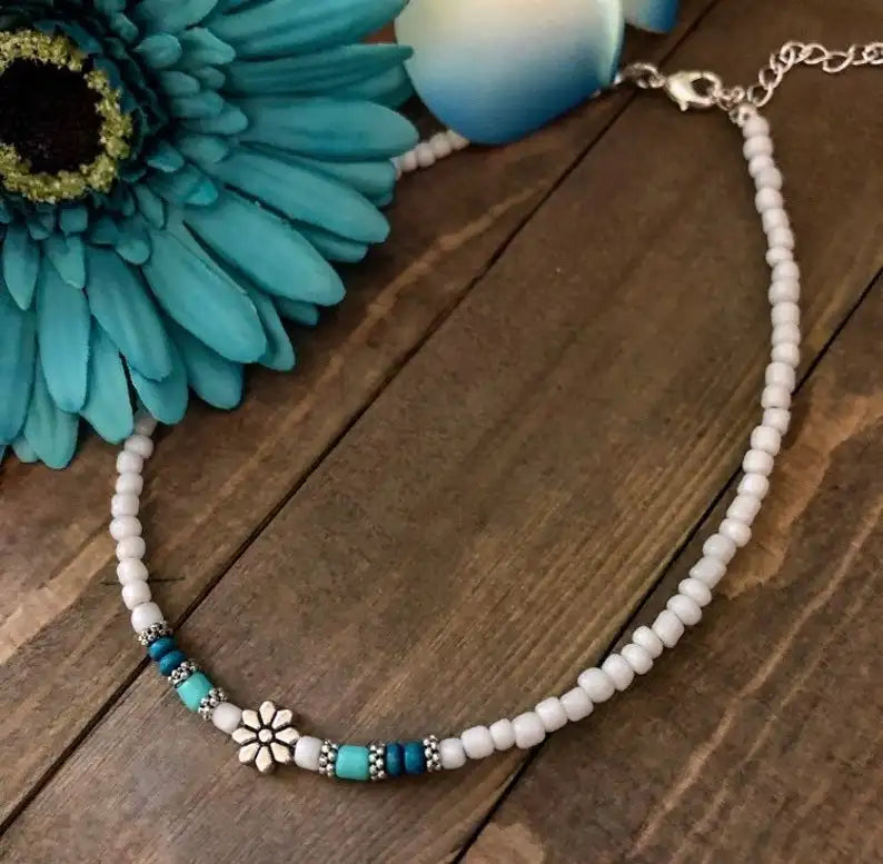 Boho White Beaded Choker Necklace | Beach Hippie Festival Jewellery - The Little Market Shop