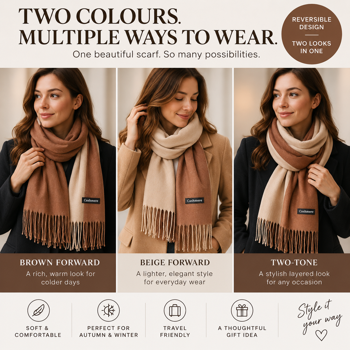 Brown and beige reversible cashmere scarf showing two colour styling options