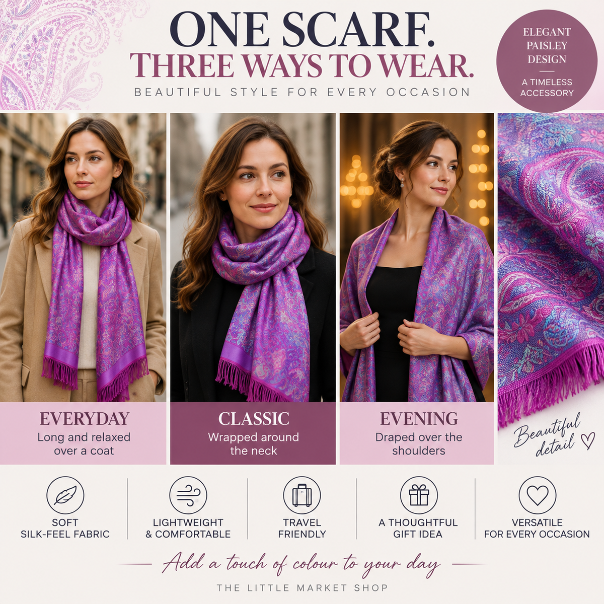 Pink & Purple Paisley Scarf for Women – Soft Silk-Feel Wrap