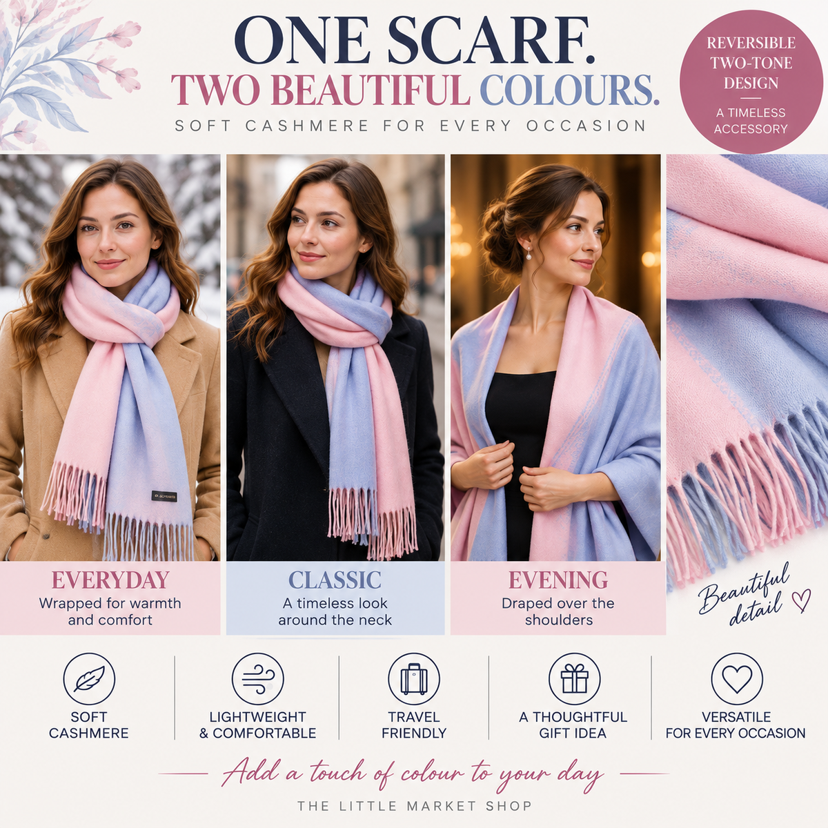 Pink & Blue Reversible Cashmere Shawl for Women