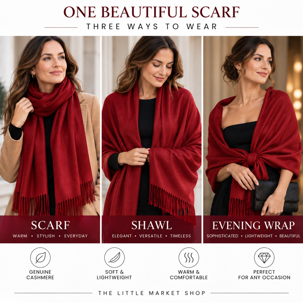 Abendtuch für Damen - Warmer Kaschmirschal - Geschenk für Damenschal Rot 