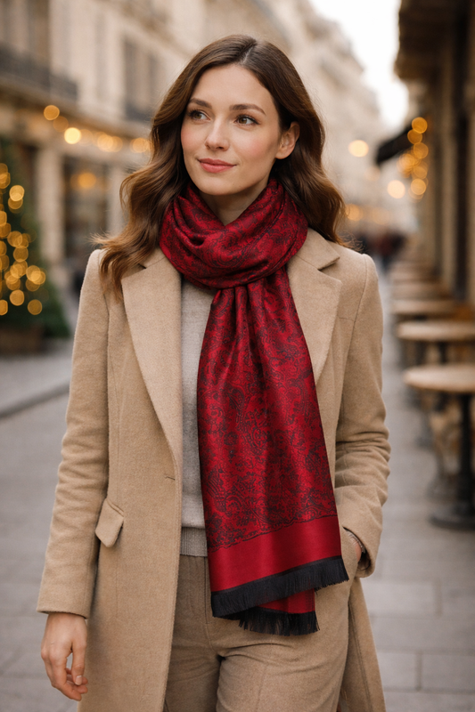 Red Paisley Scarf for Women – Elegant Silk-Feel Wrap