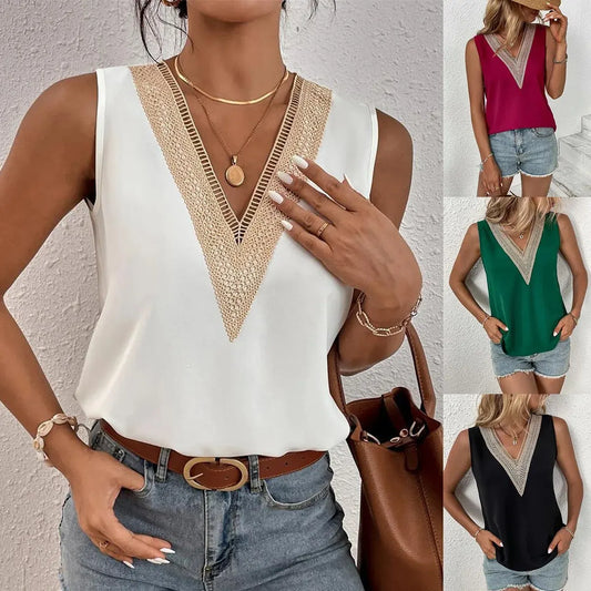 Chic Sleeveless V-neck Lace Patchwork Blouse Summer Tank Top - The Little Market Shop