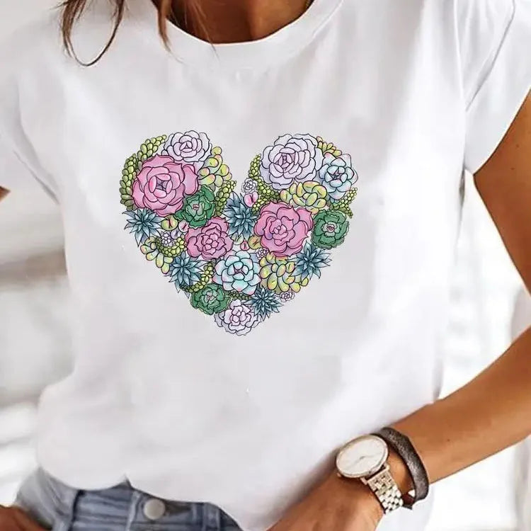 Love Heart Print Women’s Summer T-Shirt – 90s Casual Top - The Little Market Shop