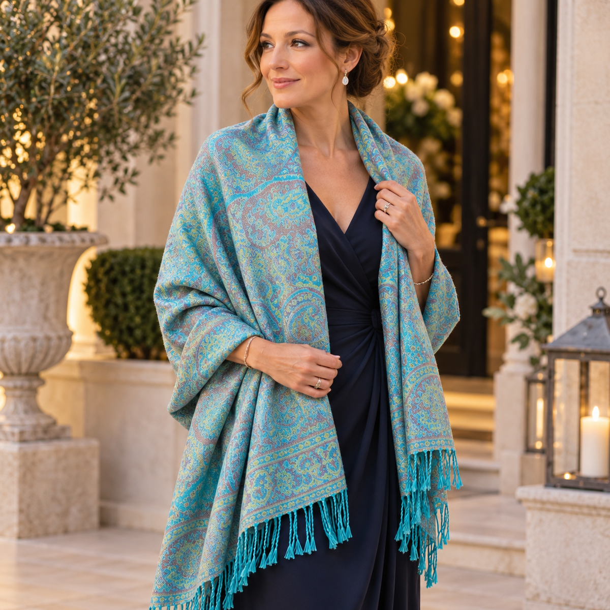 Woman wearing turquoise paisley pashmina shawl over navy evening dress
