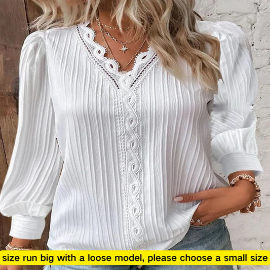 Elegant Chiffon V-Neck Blouse with Lace Stitching - The Little Market Shop