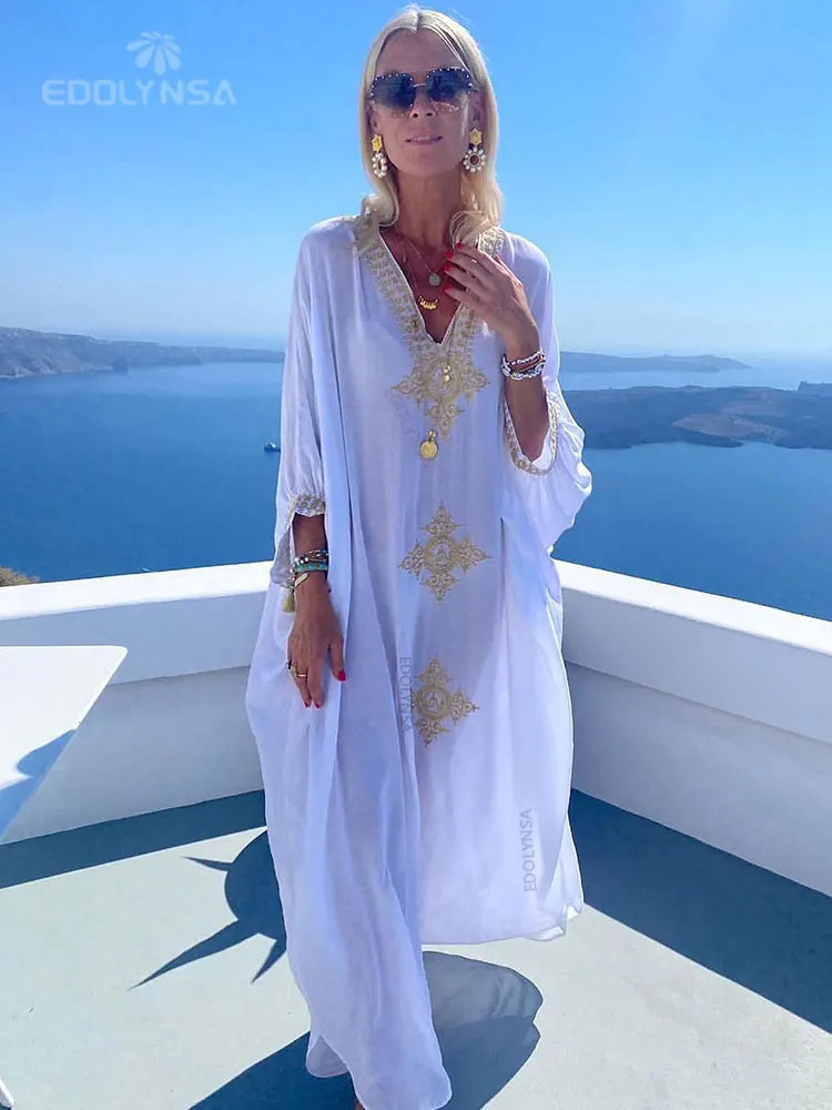 Elegant Gold Embroidered Kaftan - Retro V-Neck White Dress - The Little Market Shop