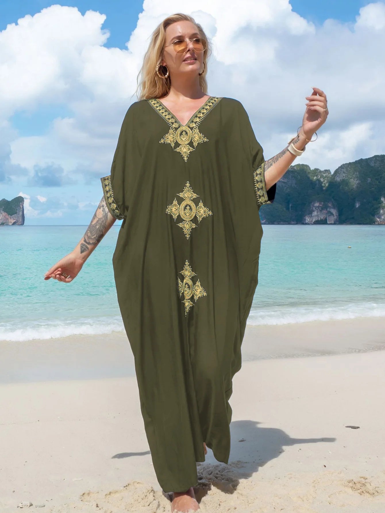 Elegant Gold Embroidered Kaftan - Retro V-Neck White Dress - The Little Market Shop