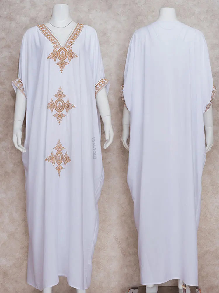 Elegant Gold Embroidered Kaftan - Retro V-Neck White Dress - The Little Market Shop