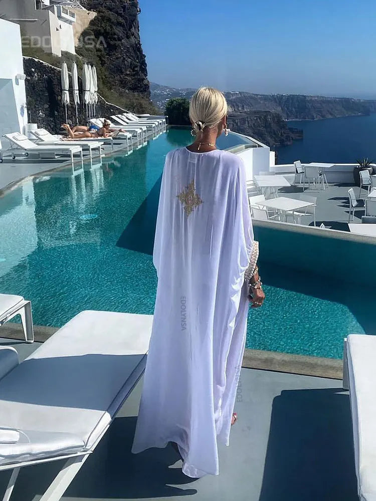 Elegant Gold Embroidered Kaftan - Retro V-Neck White Dress - The Little Market Shop