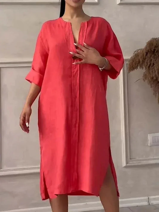 Elegant Women’s V-Neck Summer Dress – Cotton Hemp Long Sleeve Mid-Length - The Little Market Shop