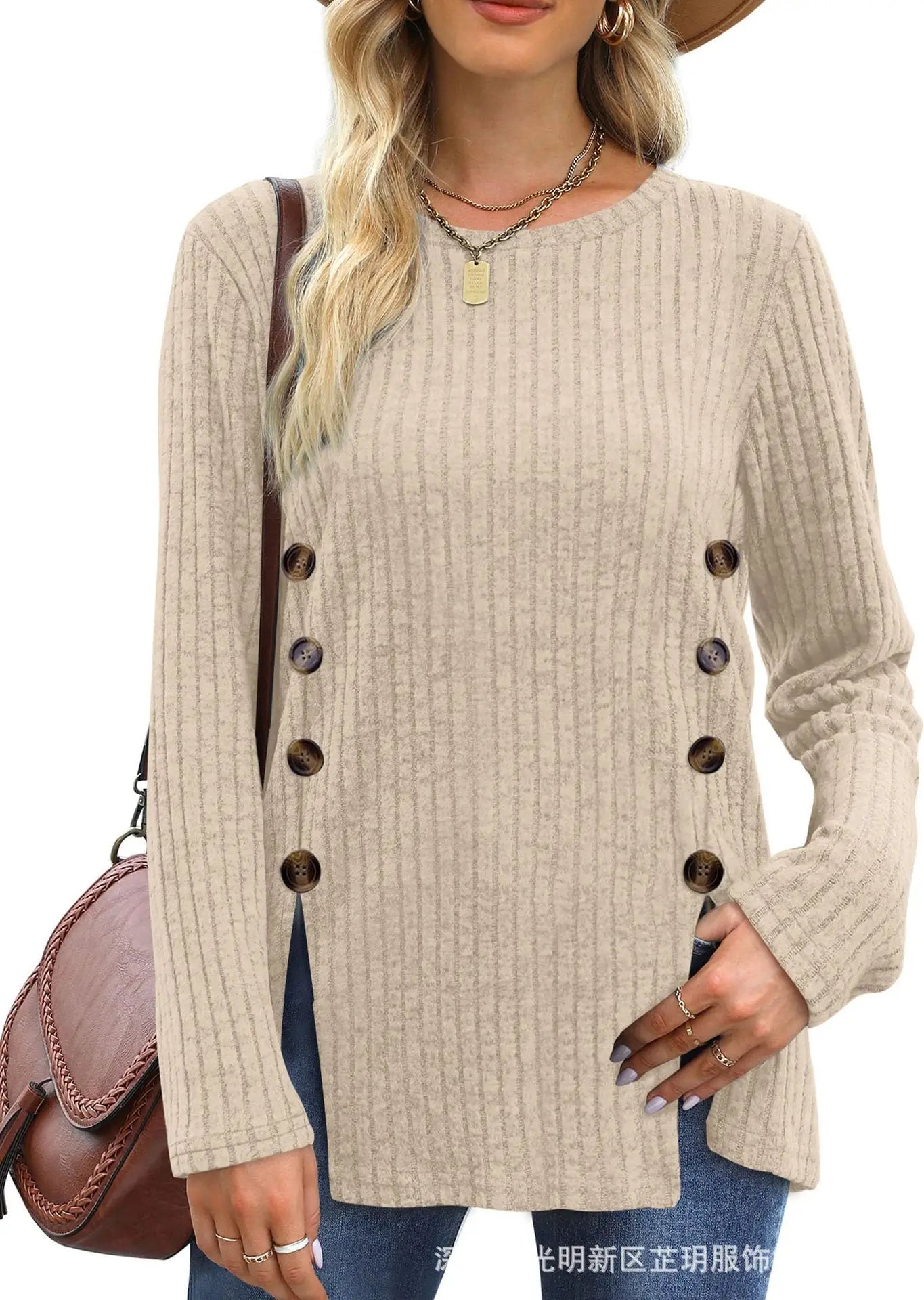 Women’s Autumn Winter Loose Button T-Shirt Casual Soft Long Sleeve Top - The Little Market Shop