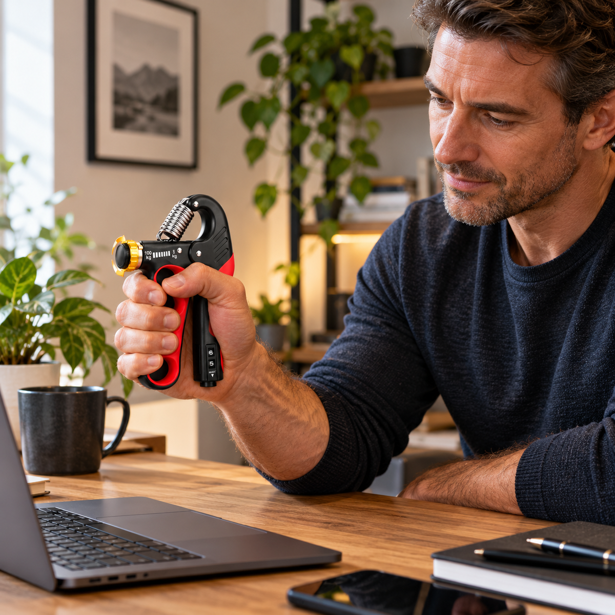 Man using hand grip strengthener while working at a desk