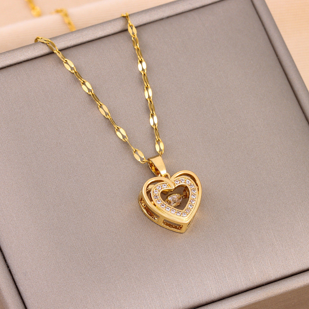 Double-Layer Heart Necklace – Rhinestone Titanium Steel Jewelry Gift - The Little Market Shop