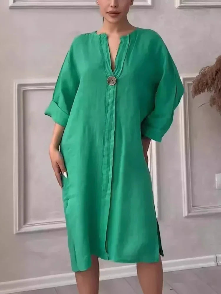 Elegant Women’s V-Neck Summer Dress – Cotton Hemp Long Sleeve Mid-Length - The Little Market Shop