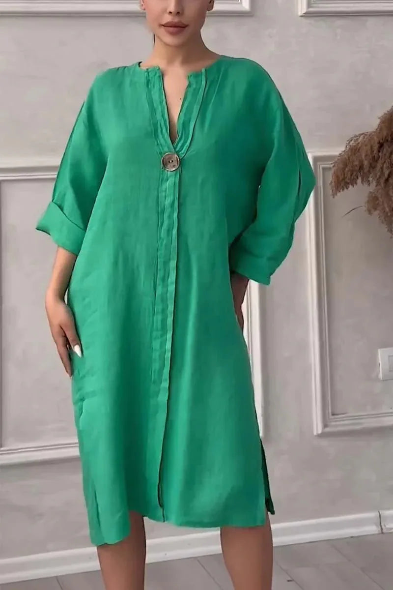 Elegant Women’s V-Neck Summer Dress – Cotton Hemp Long Sleeve Mid-Length - The Little Market Shop