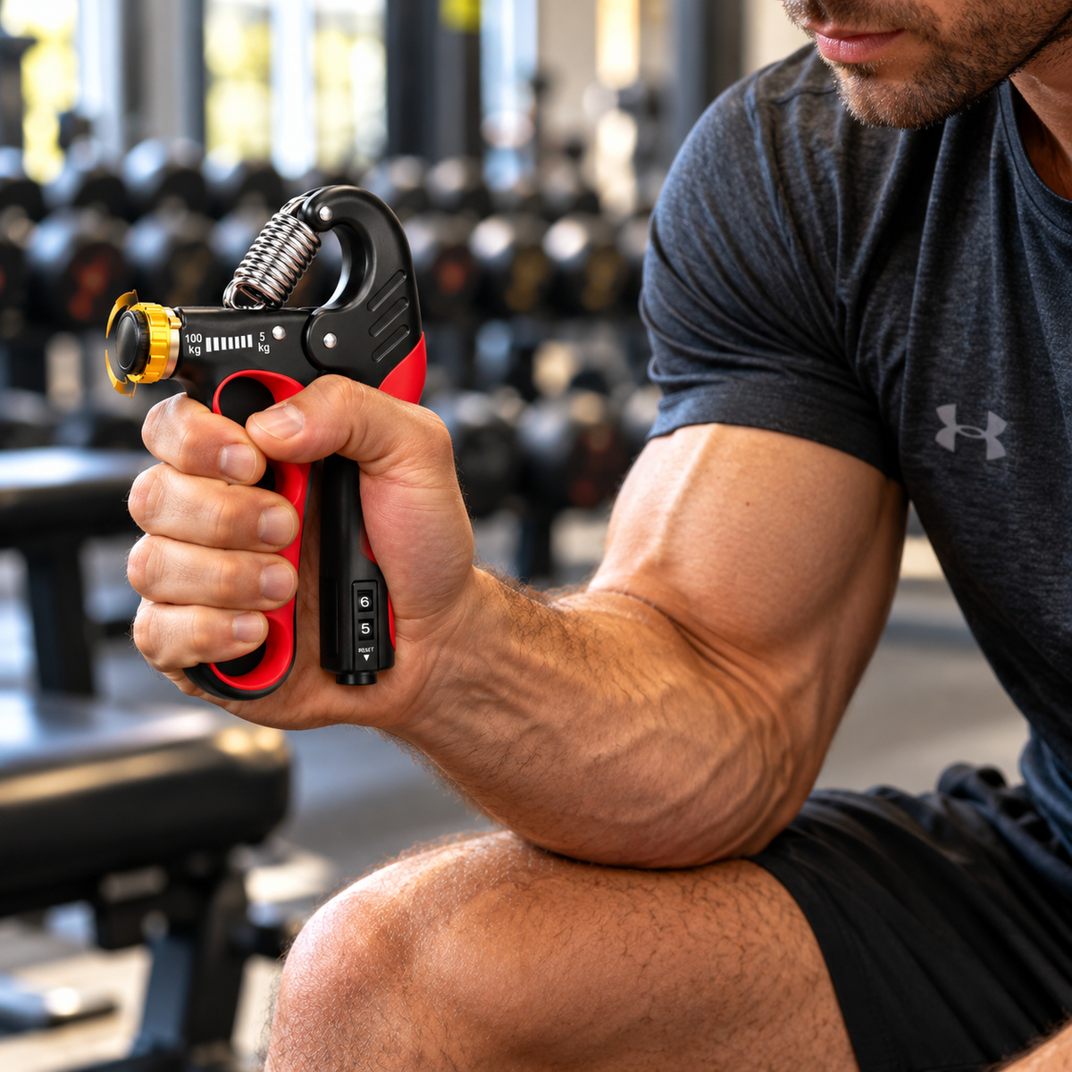 Man using adjustable hand grip strengthener at the gym
