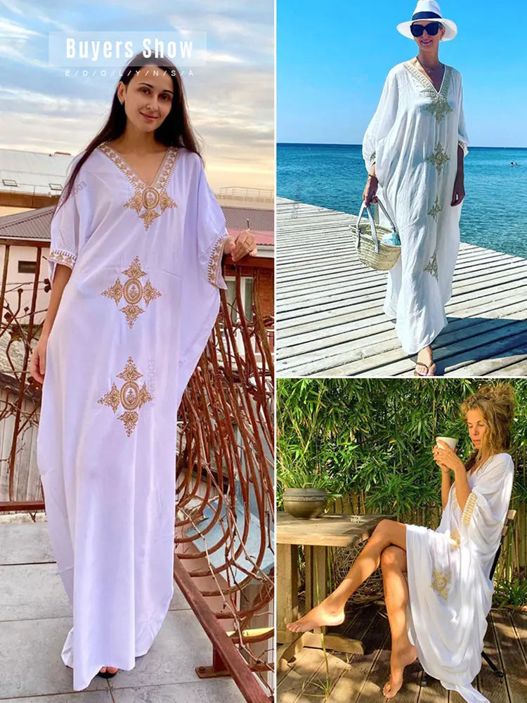 Elegant Gold Embroidered Kaftan - Retro V-Neck White Dress - The Little Market Shop