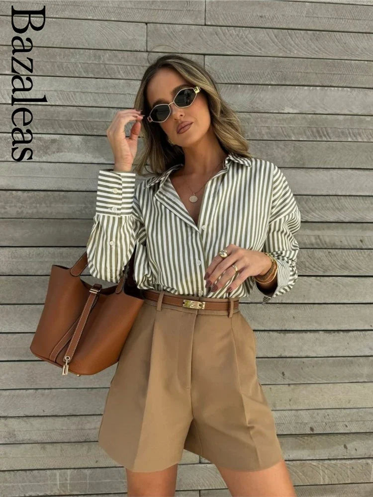 Loose Green Stripe Print Blouse – Single Breasted Casual Shirt Top - The Little Market Shop